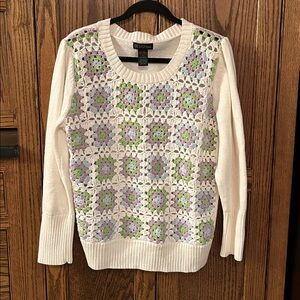 Design 365 Crochet Open Knit Sweater Granny Square Cream Purple Blue Green Large